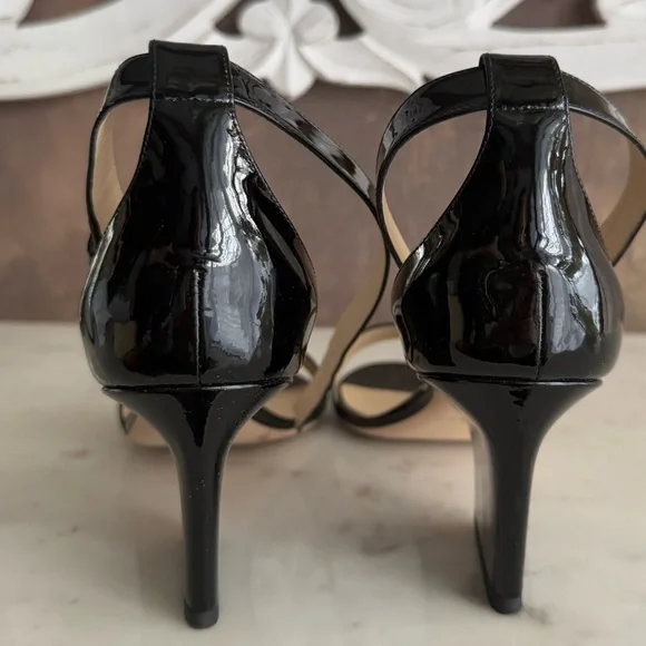 JIMMY CHOO Black patent leather low wedge heel sandals ankle strap